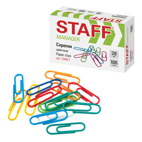 Скрепки 28мм, STAFF, 100шт, цветные